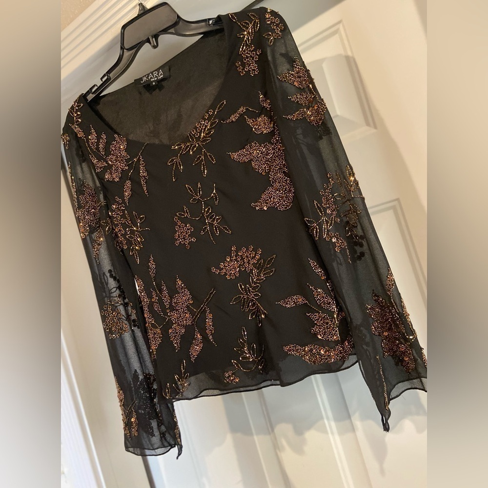 JKara~New York~Elegant~Floral~Bead Embellished~Semi-Sheer~Evening Top~ Size S